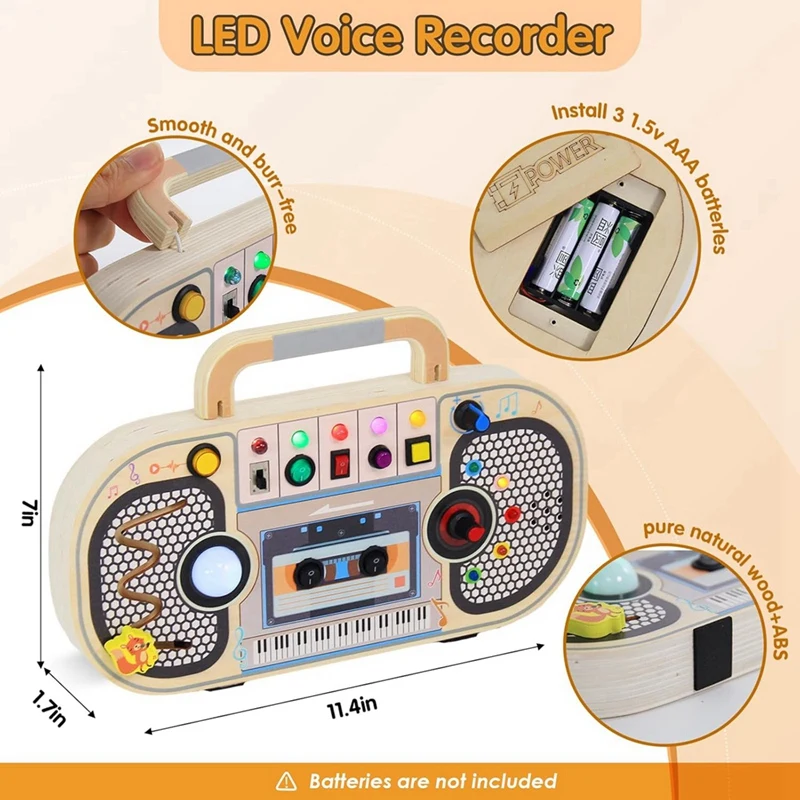 Montessori Wooden Digital Voice Recorder 5 Music Toggle Switchs Toy Toddler Busy Board With 7 LED Light