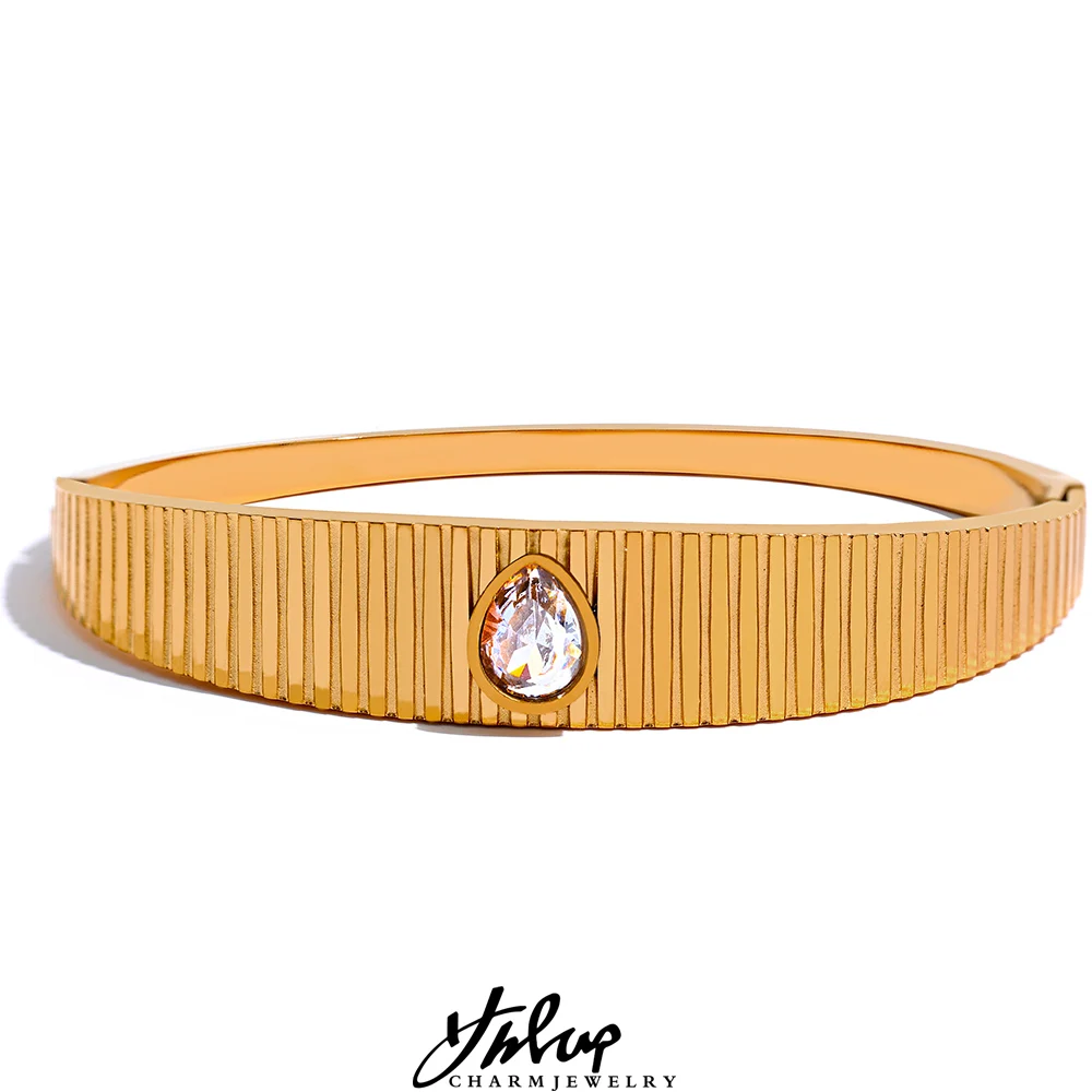 

Yhpup 60mm Charm Metal Waterproof Gold Color Stainless Steel Bangle Bracelet for Women 18k Plated Zircon Fashion Wrist Jewelry