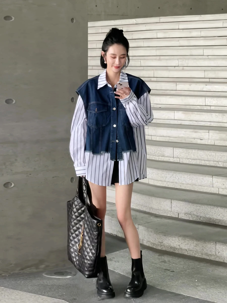 

SuperAen корейский контрастный прошитый джинсовый жилет имитация двух частей рубашка Женская Осенняя новый дизайн полосатый топ