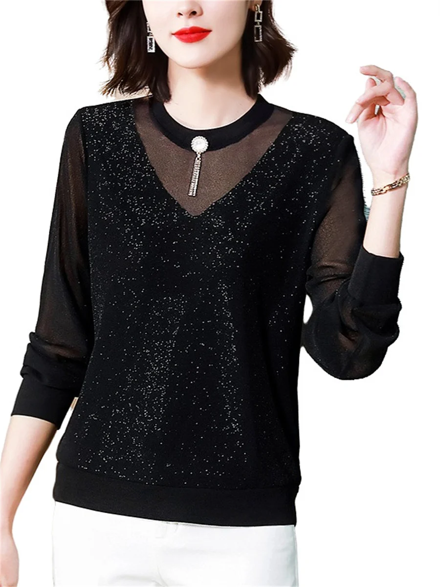 

4XL Women Spring Autumn Blouses Shirts Lady Fashion Casual Long Short O-Neck Collar Sexy Lace Black Blusas Tops CT0508