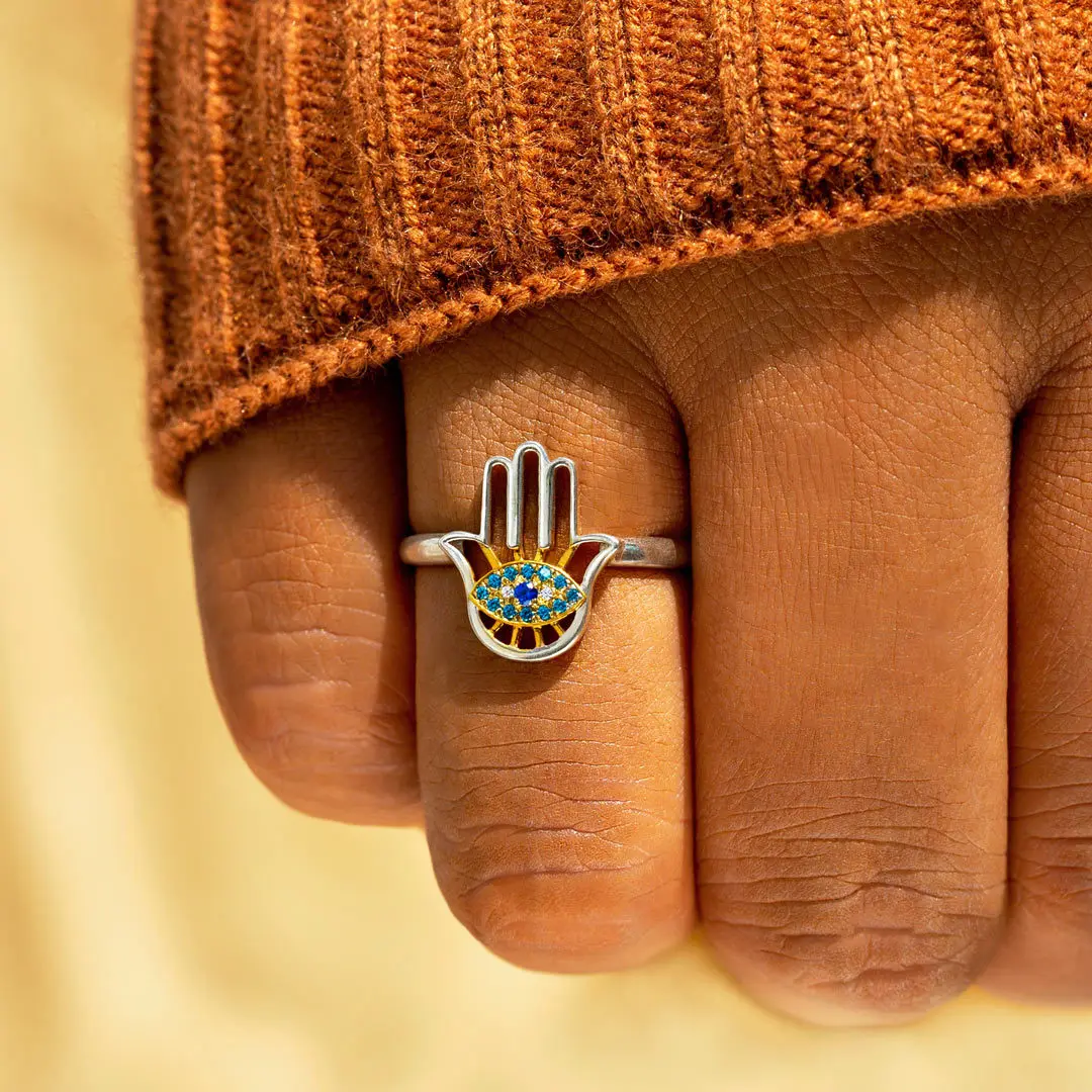 

Retro Hand of Fatima Hamsa Evil Eye Ring for Women Men Charms Blue Evil Eye Lucky Protection Ring Exaggeration Fatima Hand Gift