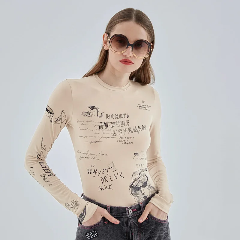 Europe and the United States women's summer new round neck long-sleeved fashion printing Slim versatile jumpsuit