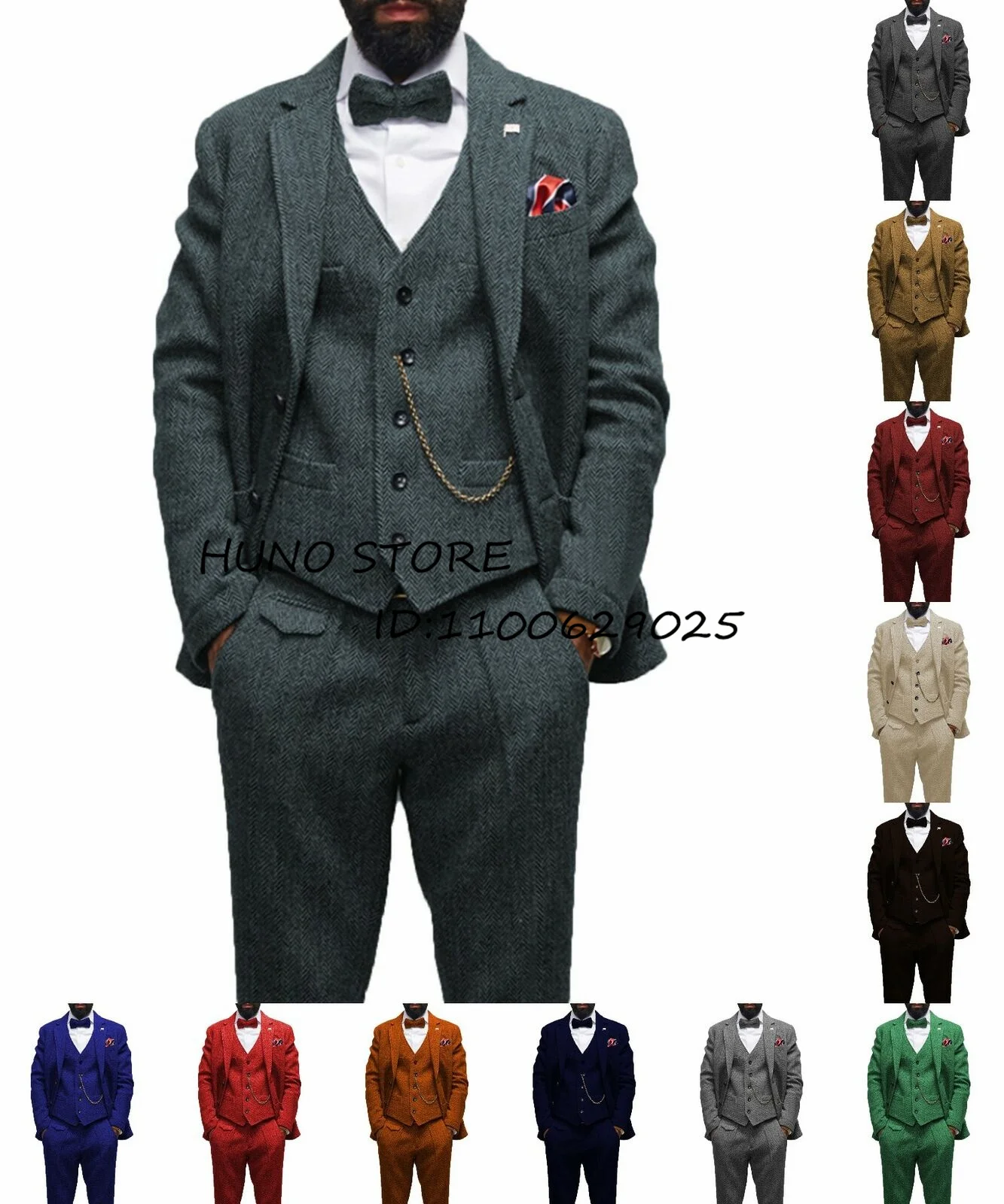 Steampunk Men's Suit Herringbone Wool Slim Fit Single Breasted Punk Set Casual  Party Male Blazers 3 Piece