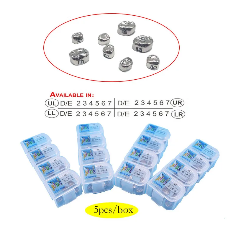 

5Pcs/Box Dental Crown Kids Primary Molar Teeth 1st 2nd Molar Stainless Steel Pediatric Temporary Crowns Dentist for Upper/Lower