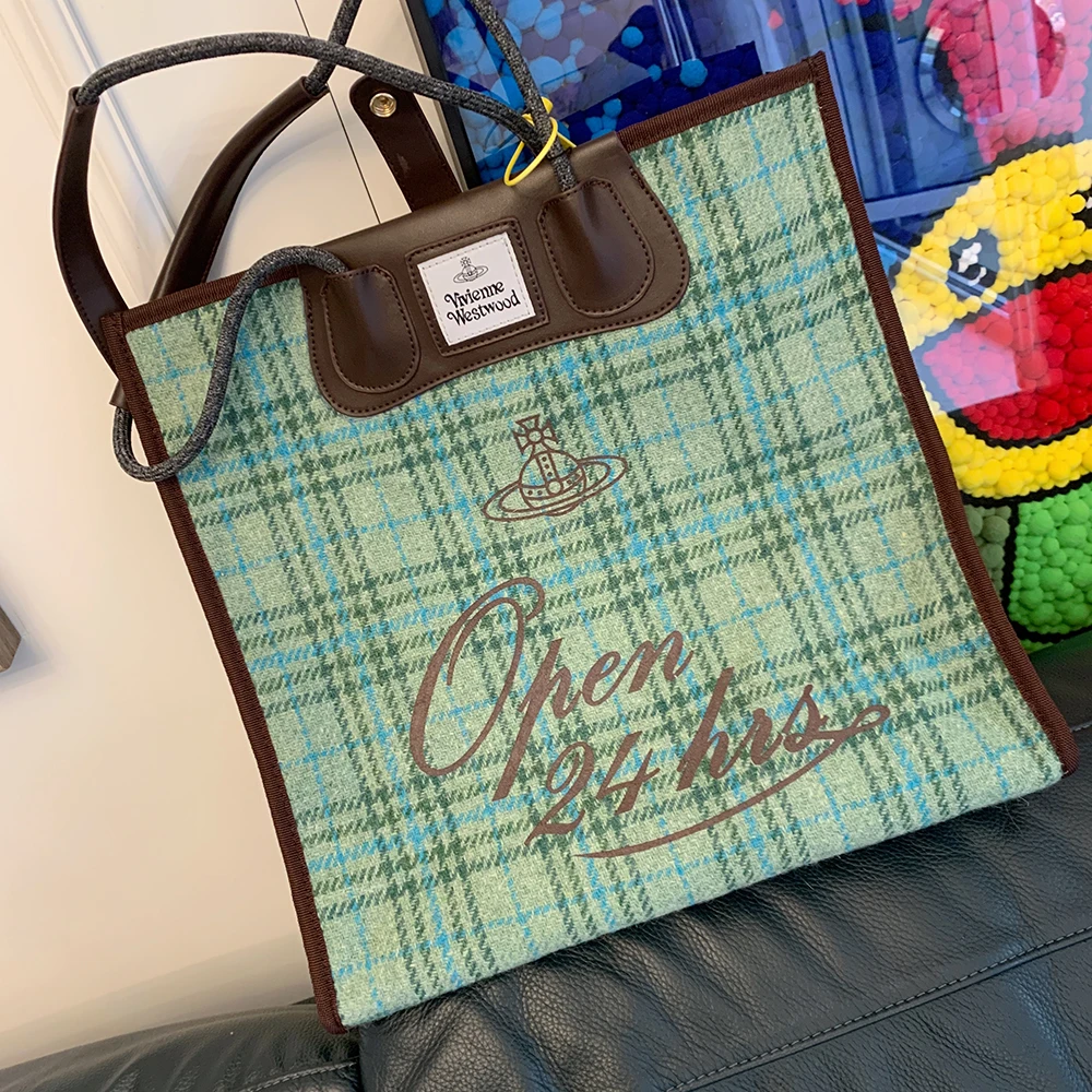 

Japan's small group Saturn green plaid large-capacity portable shoulder tote bag underarm bag female