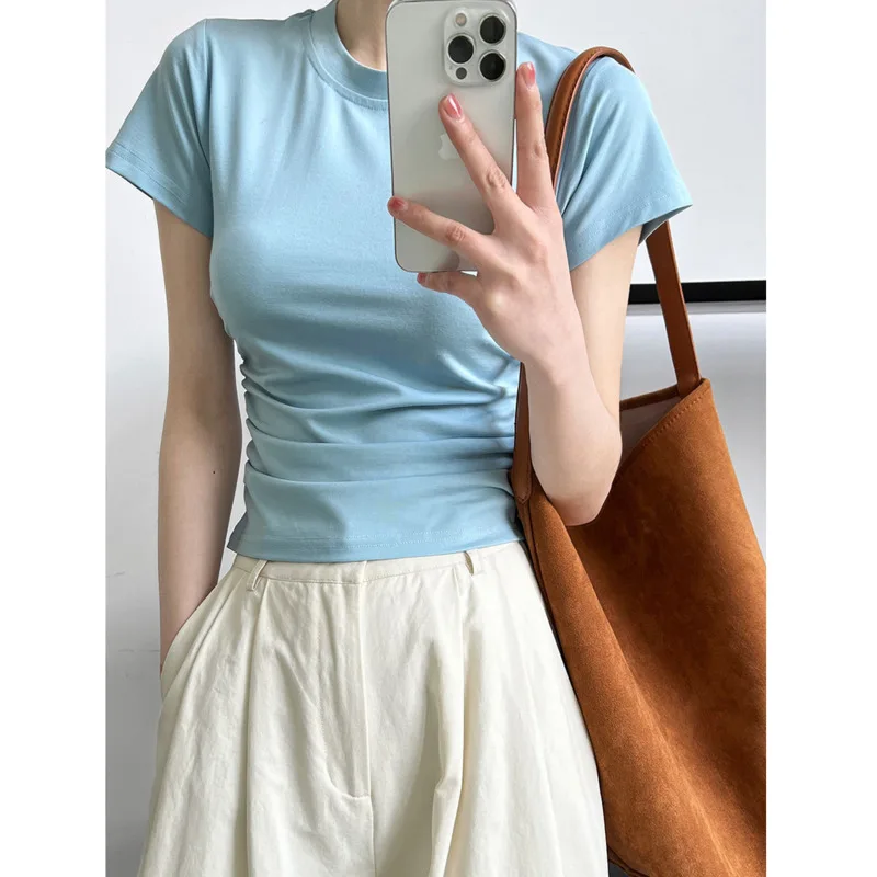 

Женская плиссированная футболка с коротким рукавом, однотонная облегающая футболка с круглым вырезом и коротким поясом, базовый топ на лето, 2023