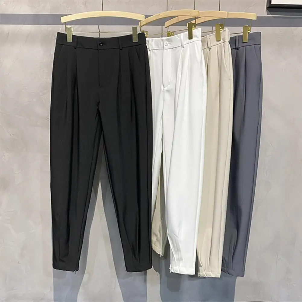 

Men Casual Trousers Zip Button Fly Bind Feet Mid-Rise Side Pockets Cropped All Match Thin Breathable Men Harem Pants for Party