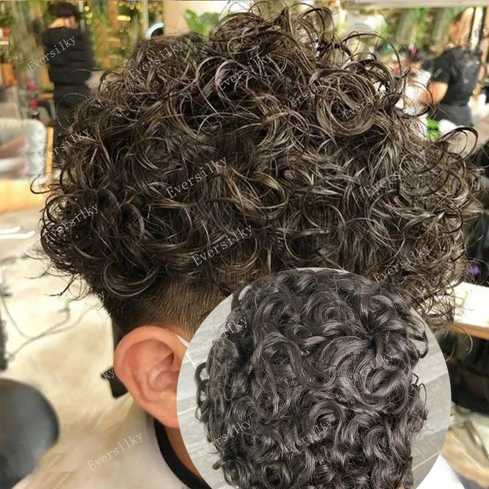 

20mm Curly Jet Black 2023 New Toupee For Men Men's Toupee Durable Man Wig Thin Skin Real Human Hair Replacement System Hairpiece