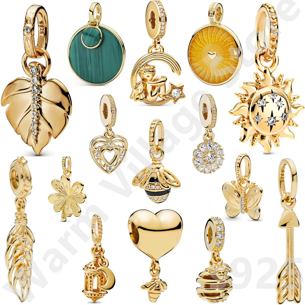 

Ladies Shiny Golden Pendant 925 Sterling Silver Beaded Leaf Bee Butterfly Heart Compatible Original Charm Bracelet Craft Jewelry