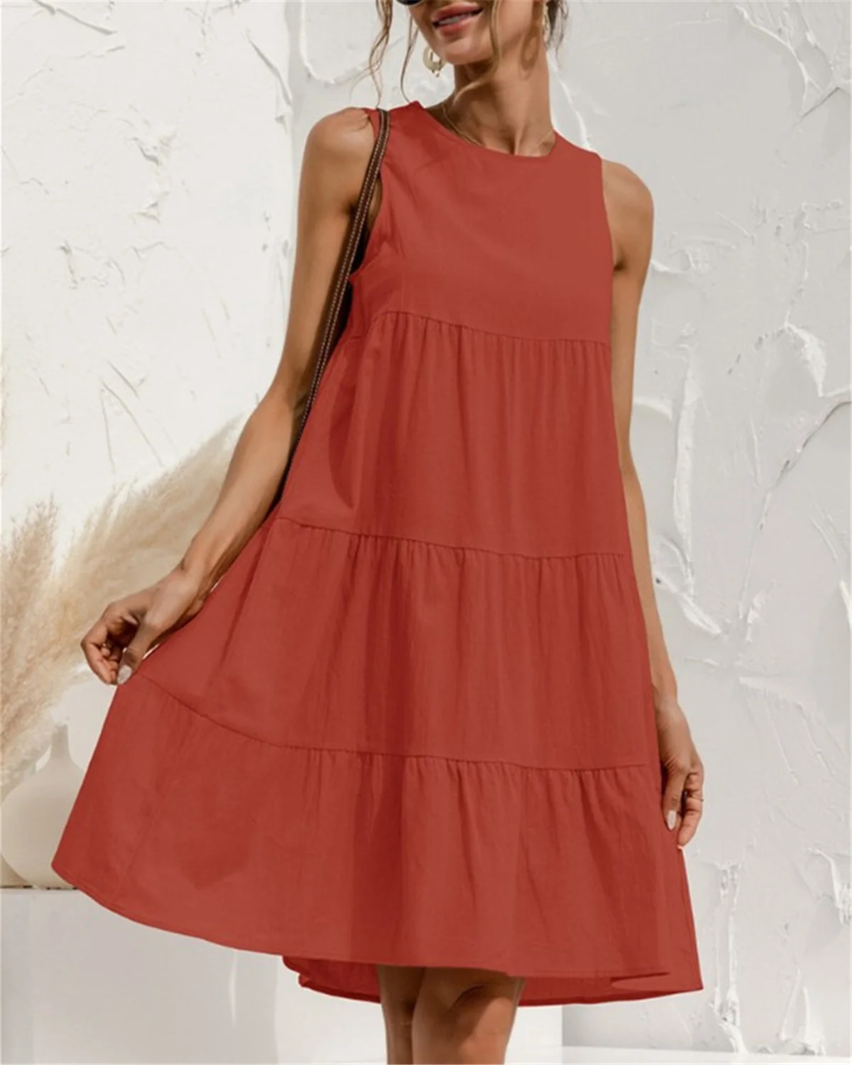 

6 Color Summer Women Casual Cotton Linen Loose Solid Color Tank Dress Simple Style Sleeveless Round Neck Dress Plus Size Clothes