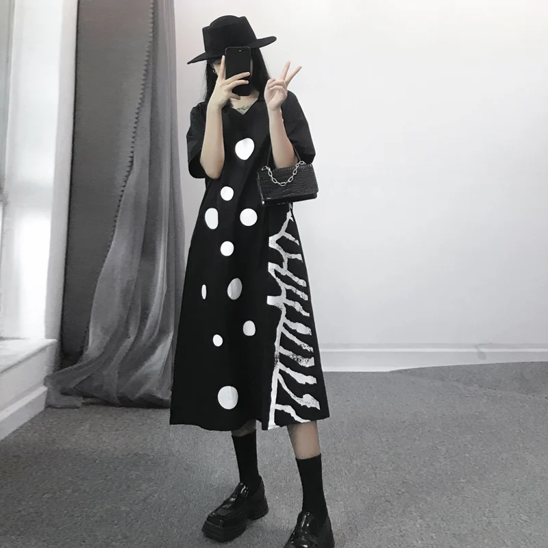 

SuperAen 2022 Plus Size Loose Slim Dot Printing Stripe Short Sleeve V-Neck A-LINE Mid-Calf Casual Dresses for Women