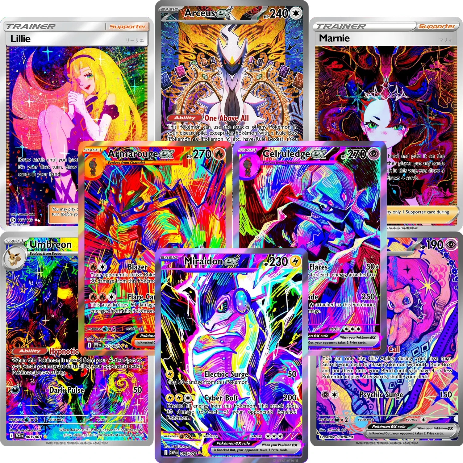 Фото Коллекционные карты PKM PTCG в стиле психоделического поп-арта: серия Custom Relic Hunters TCG, голографические, аниме-тематика, игровые, реалистичные карты №1