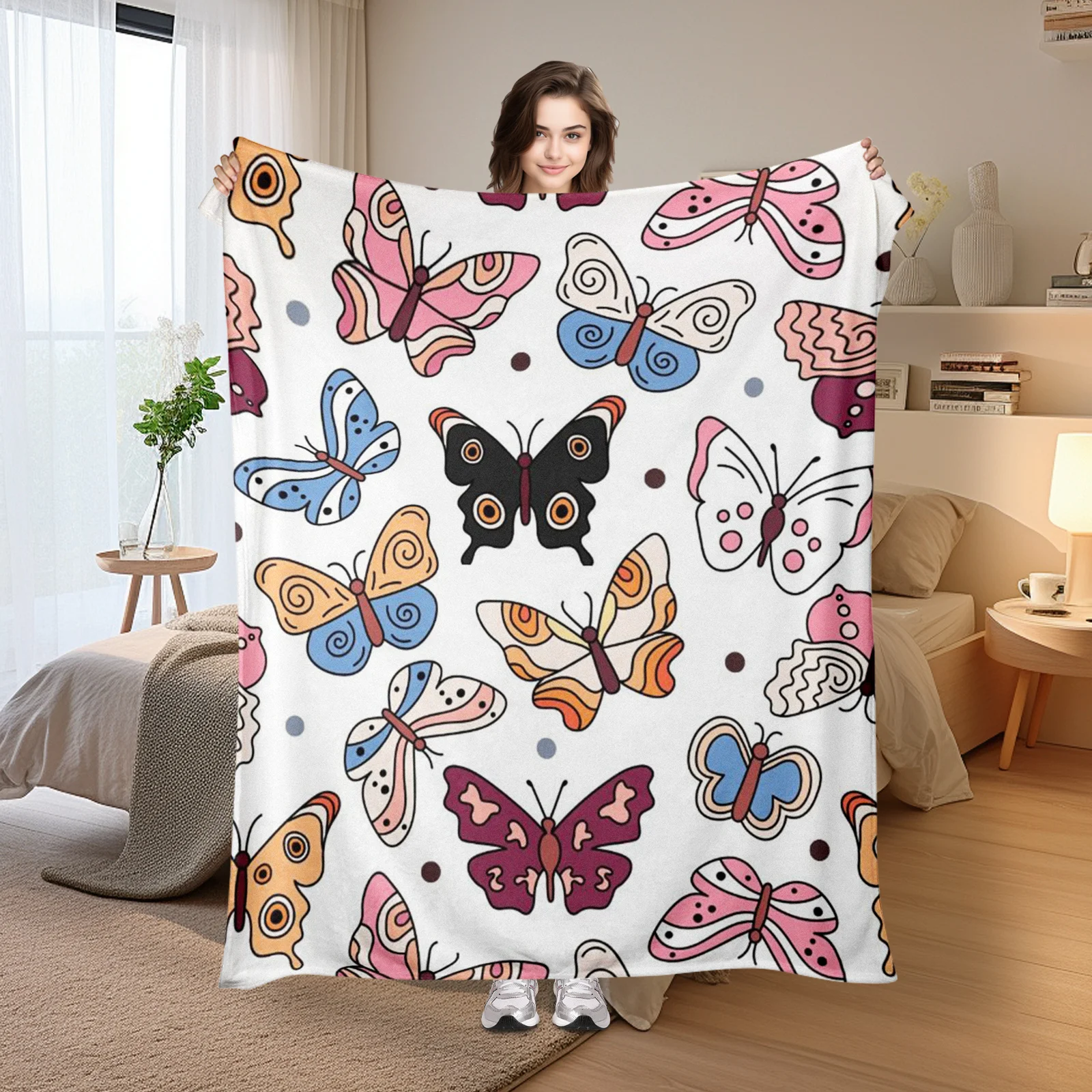 Стильное художественное одеяло с линией бабочки и черным дизайном на белом фоне