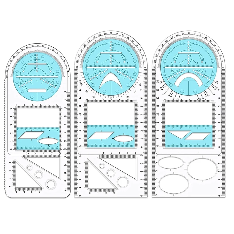 

3Pcs Multifunctional Geometric Ruler Plastic Geometric Drawing Template Draft Rulers For School Office Supplies