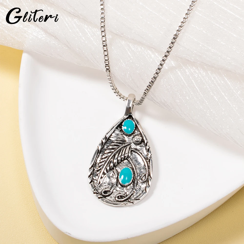 

GEITERI Silver Color Vintage Turquoise Pendant Necklaces For Women Men Alloy Stone Box Chain Water Drop Choker Bohemia Jewelry