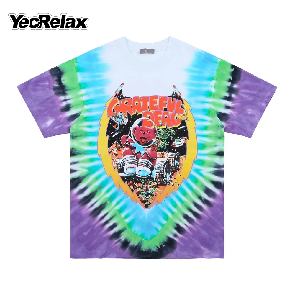 

Уличная мода YECRELAX с принтом Потертого красителя с надписью космический медведь весна-лето 2022 Мужская Повседневная футболка большого разме...