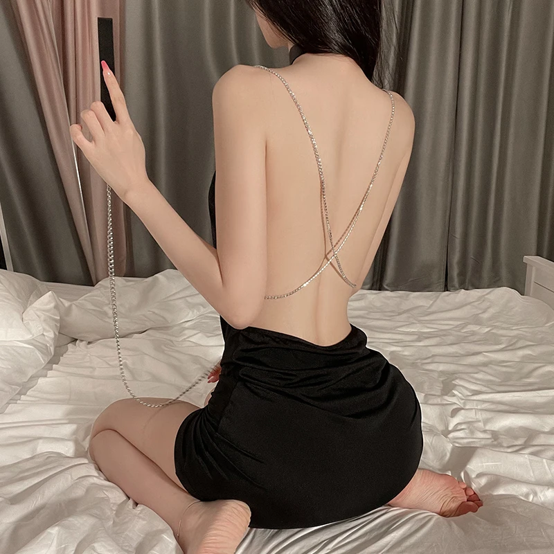 Sexy Mousse 2023 Lingerie Dress for Women Sexy Pajamas Casual Comfortable Sling Night Dress Backless Deep V Chain Sleepwear