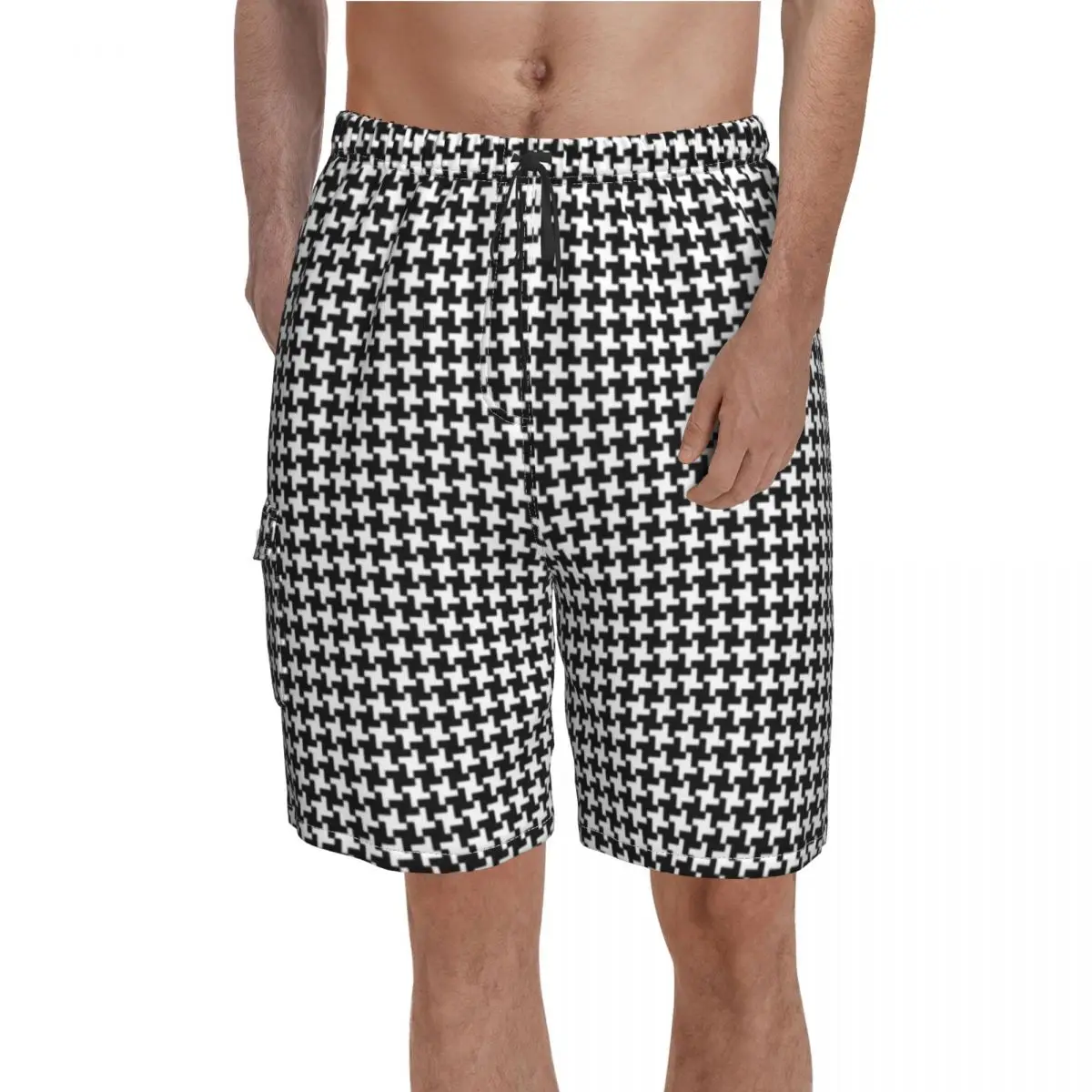 

Houndstooth Geometric Board Shorts Black Texture Males Pattern Beach Short Pants High Quality Design Large Size Swim Trunks