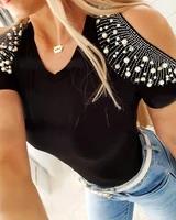 women cold shoulder top fashion rhinestone beaded sexy v neck short sleeve t shir elegant all match streetwear