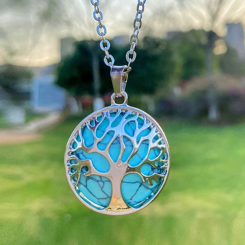 

New Fashion Natural Stone Tree of Life Pendant Necklaces Round Gem Stones Turquoise Alloy Charm Necklace For Women Jewelry Gifts