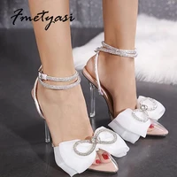 sweet bow rhinestone sandals for women crystal chain ankle strap sandals pointed toe clear heel wedding shoes bride 2022 new