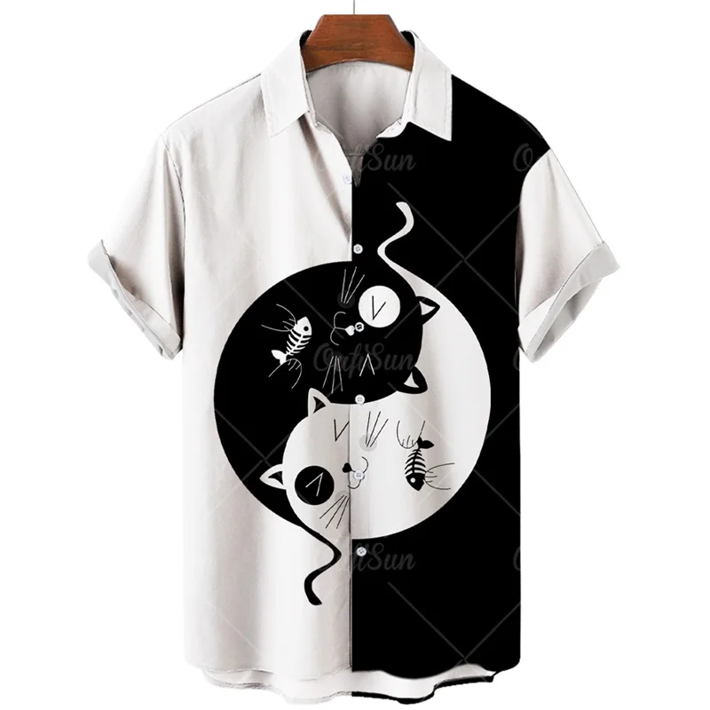 Summer Beach Shirt 3D Printing Black and White Top Funny Cat New Personality Short-sleeved Lapel Fashion Casual Loose Travel