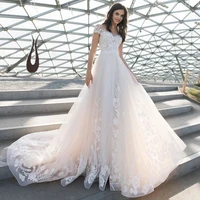exquisite short sleeves lace appliques a line bridal gown 2022 flower print tulle long train button decoration wedding dress