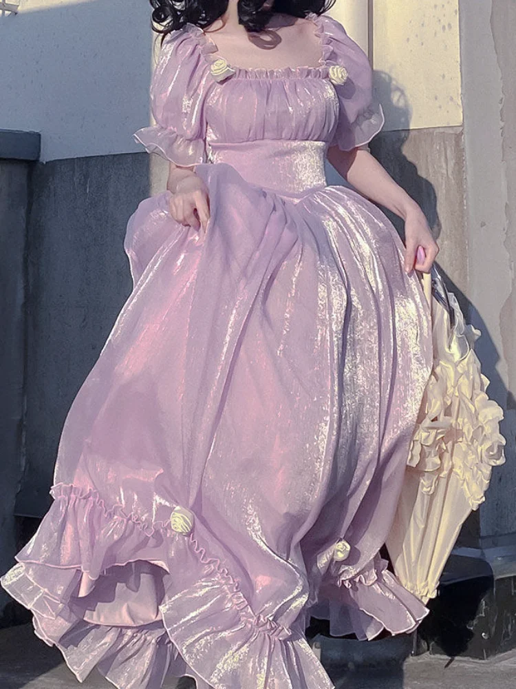 

Женское винтажное платье с коротким рукавом, однотонное элегантное платье средней длины в Стиле Лолита, корейская мода, лето 2023