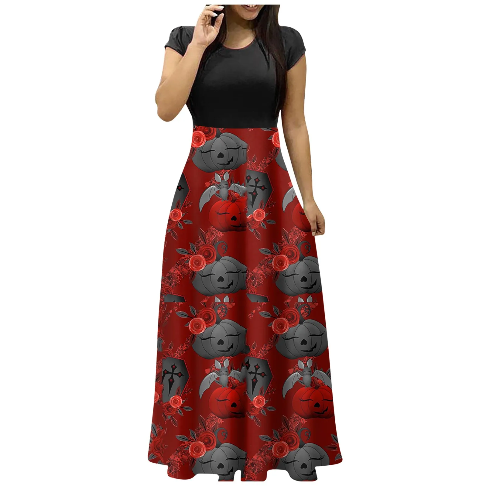 

Женские костюмы на Хэллоуин, модные повседневные праздничные платья-миди с круглым вырезом и коротким рукавом, длинные платья, Женский костюм на Хэллоуин