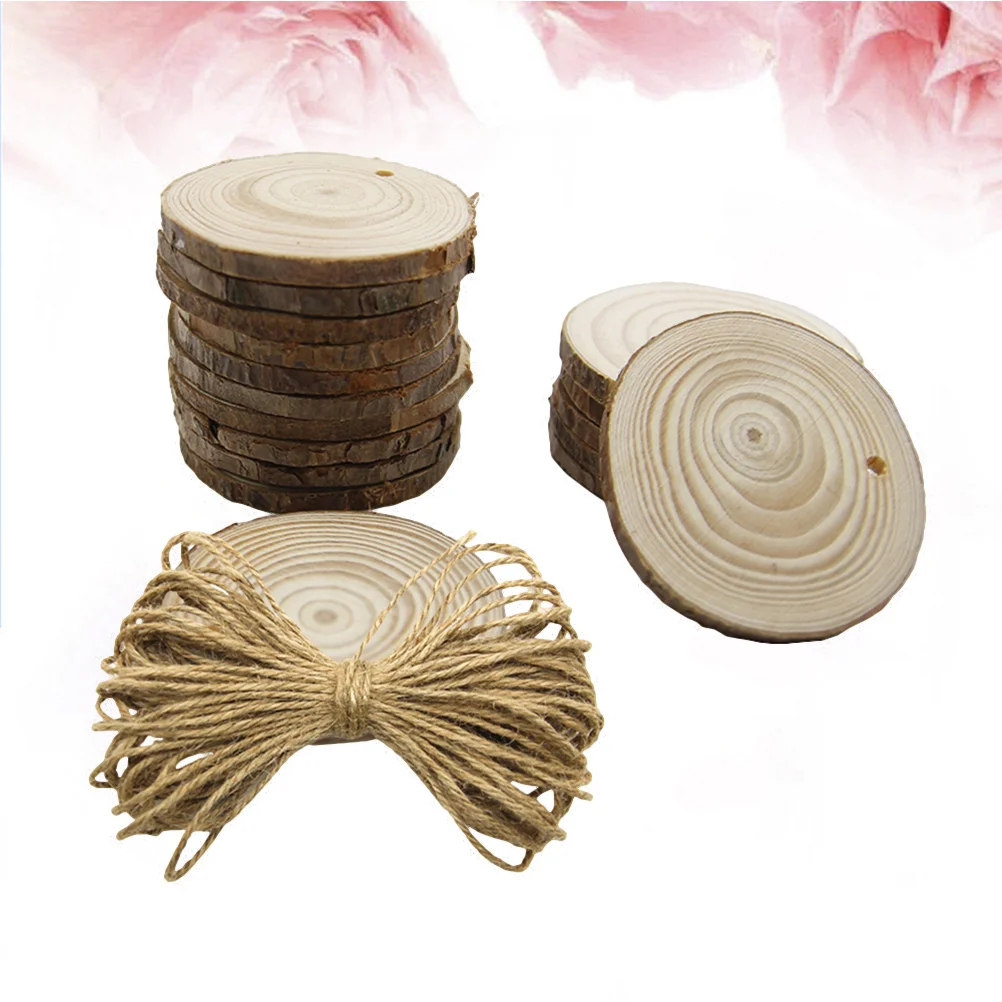 

50 Pcs Pine Slices Wooden Diameter 6CM Pine Pieces Ornament with 10M Hemp Rope Photography