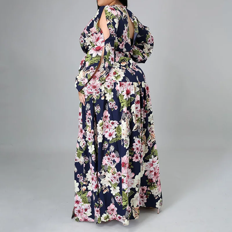 Casual Floral Printing High Waist Open Stitch Spring Autumn Clothes Plus Size Sexy Deep V-Neck Bandage Slit Maxi Dresses Womens