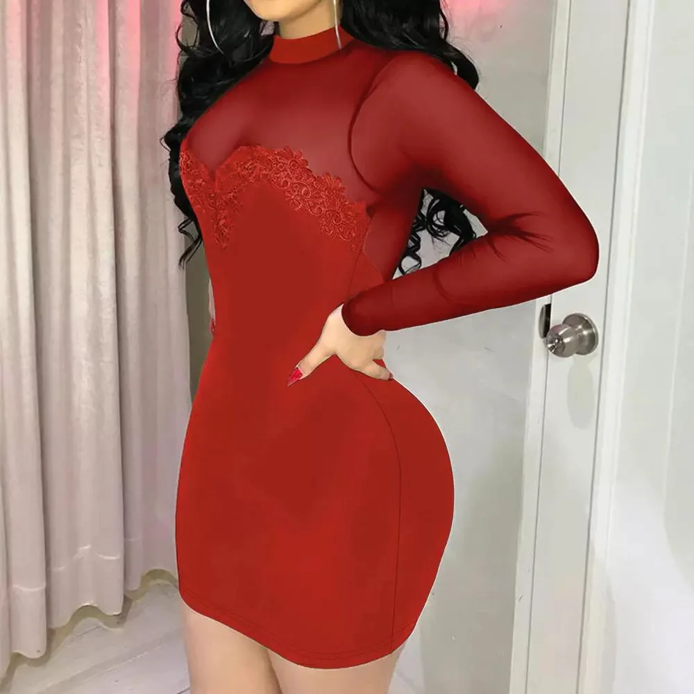 Женское Сетчатое платье-футляр с длинным рукавом