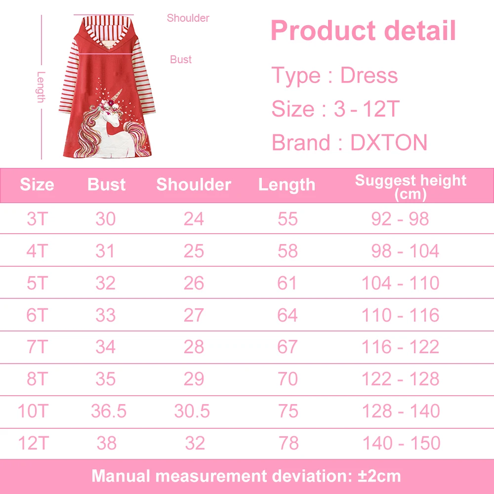 DXTON Long Sleeve Cotton Dress for Girls Unicorn Cartoon Frocks Children's Clothes Autumn Winter Kids Hoodies Casual Vestidos