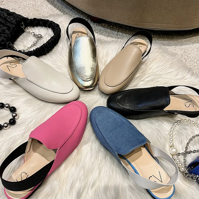 

2022 New Black Flat Bottom Stretch Mules Toe Cap Women Sandals Slippers Large Size 35-43