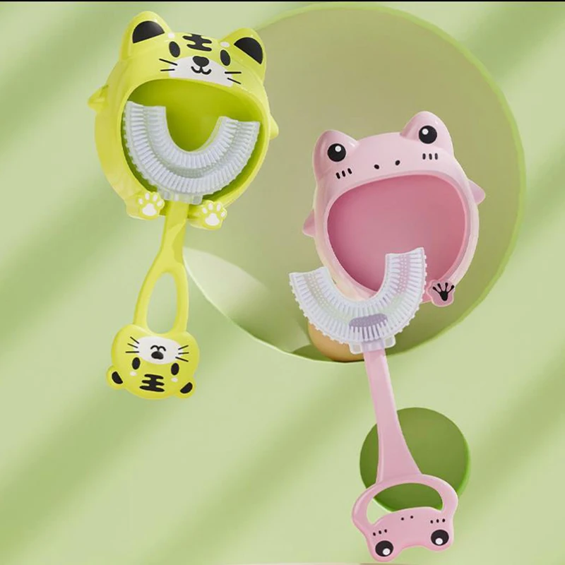

U-shape Kids Toothbrush Cartoon Frog Print Toothbrush With Holder Children's Toothbrush Silicone Cleaning Toothbrush 2-12years