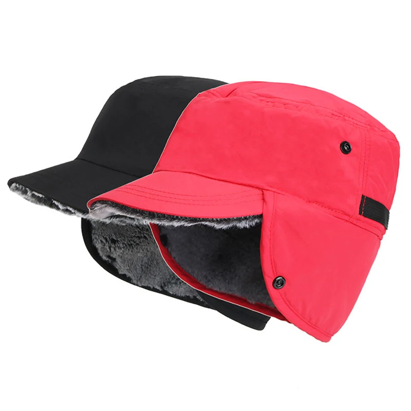

Mens Women Winter Hat Waterproof With Brim Plush Inner Lining Warm Earflap Hat Faux Fur Male Female Ski Baseball Cap