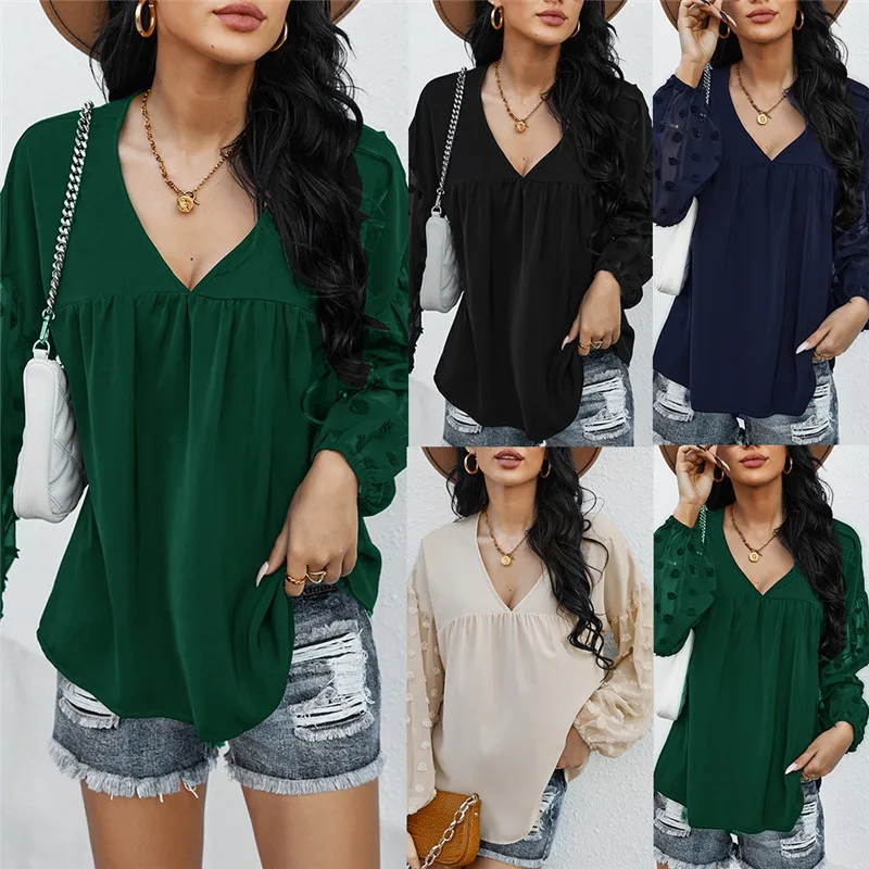 

Long Sleeve Spring Woman Tshirts Fashion Loose V Neck Casual Shirts for Women