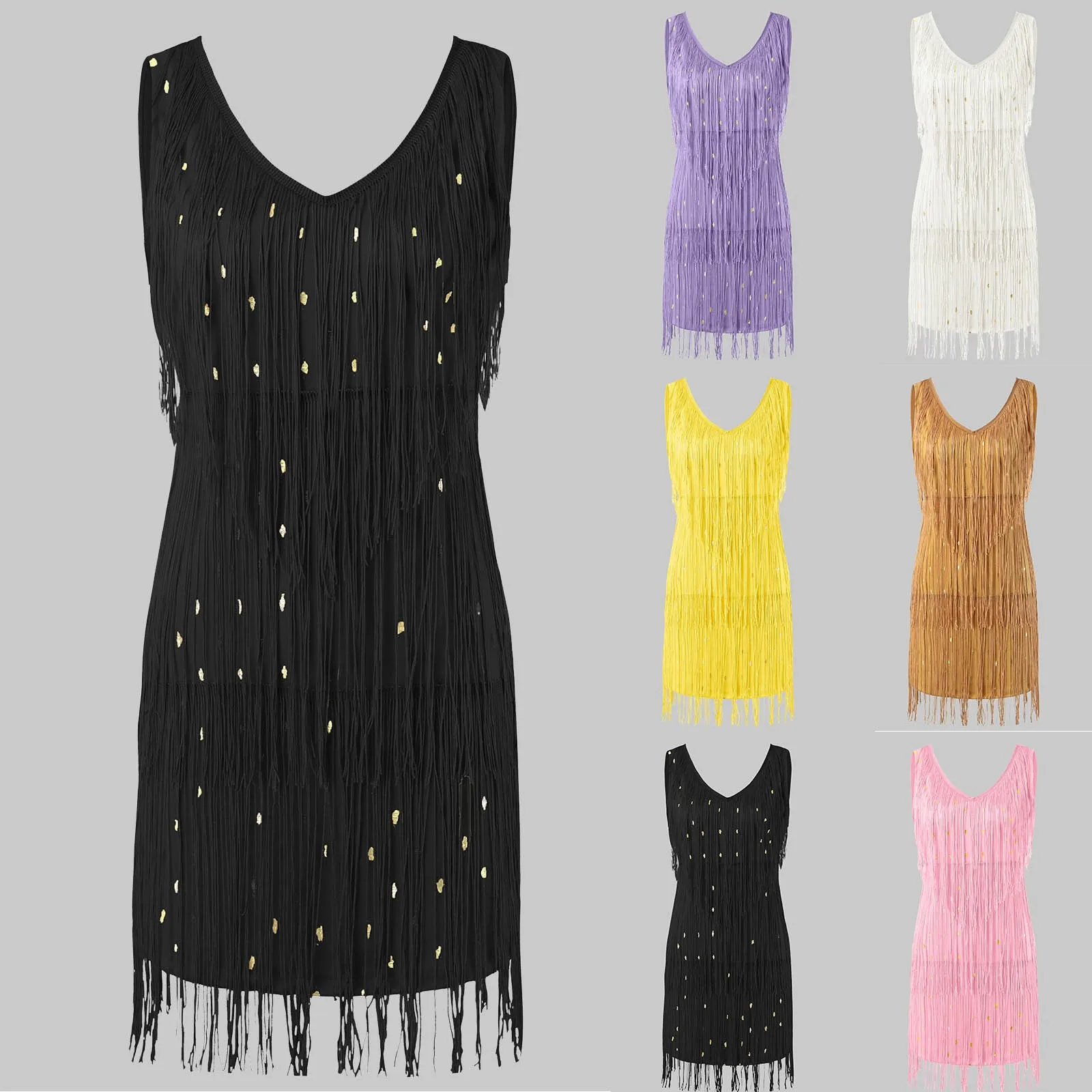 

Womens Tassel Dress Sexy V Neck Fringe Dresses Sleeveless Flapper Mini Dress Sequin Cocktail Dress Loose Elegant Office Ladies
