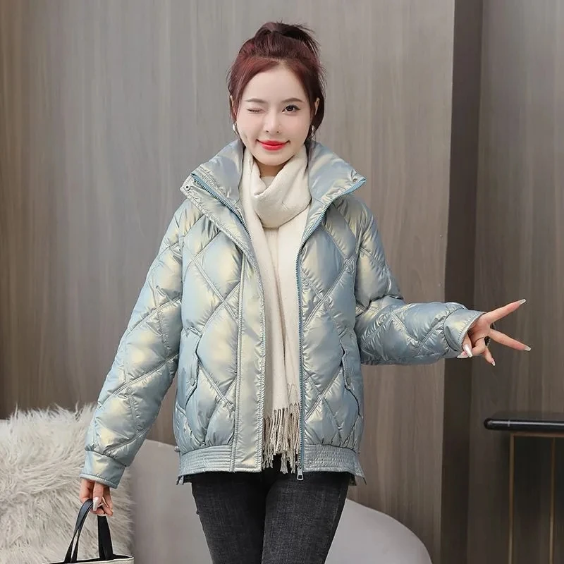 

Winter New Cotton-padded Jacket Women Korean Loose Stand Collar Glossy Short Parkas Coat Fashion Long Sleeve Outerwear
