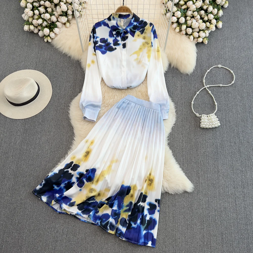 

Fashion Ladies Office Skirt Suit Women Elegant Single-breasted Printed Shirt Two-piece High-waisted Slim Mid-length Skirt Summer