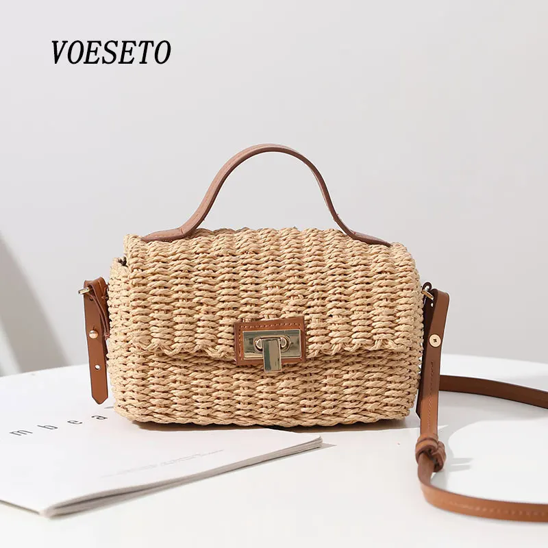 

Luxury Woven Brown Bags Summer 2021 New Natural Color Straw Box Type Portable Shoulder Messenger ZA Women's Bag Match Rattan Bag