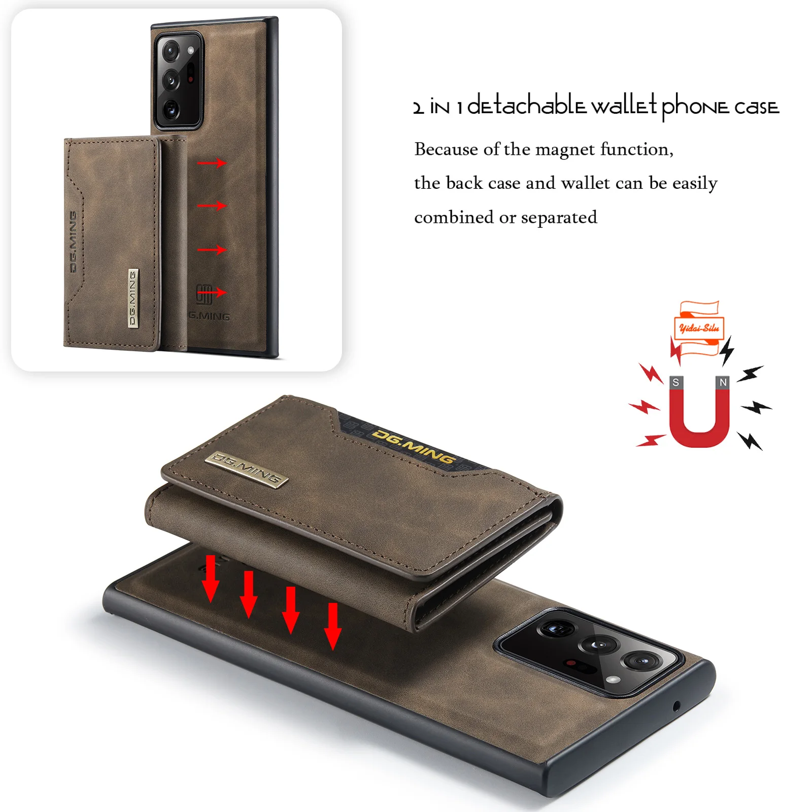 

Yidai-Silu Detachable Wallet Case Kickstand Card Holder PU Leather Magnetic TPU Bumper Anti-Slip Cover for Samsung Note 20 Ultra