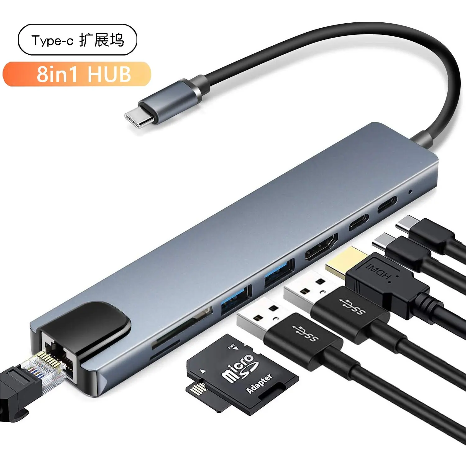 

USB-концентратор BECKII гигабитный 8-в-1 с портом USB Type-C на HDMI, USB 3,0