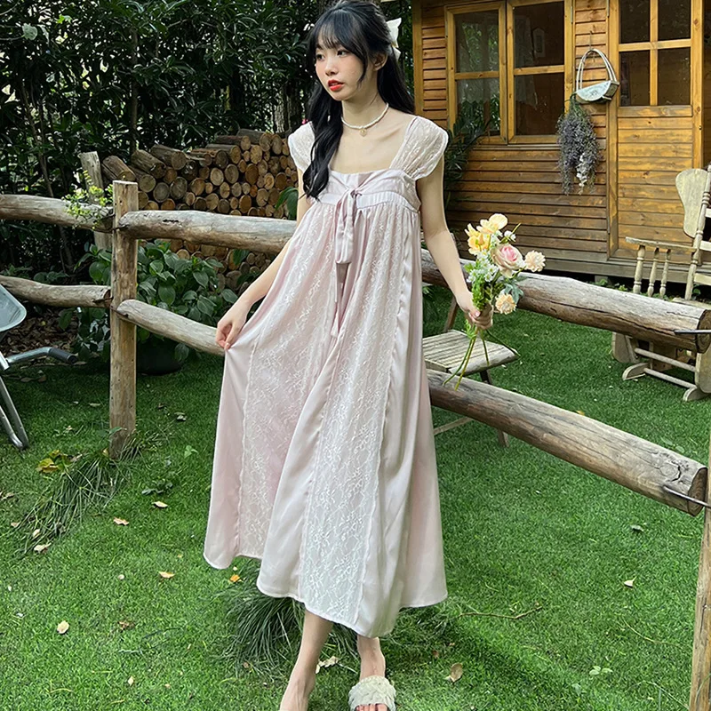 Long Nightgown Summer Female French Court Style Nightdress Sleepwear Sexy Lace Nightdress Home Dressing Gown Loose Lounge Wear