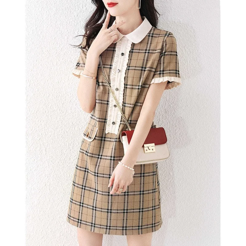 

Элегантные модные платья в клетку в стиле пэчворк Лето 2022 свободные пуловеры с коротким рукавом с отворотом Туника мини платье женская одеж...