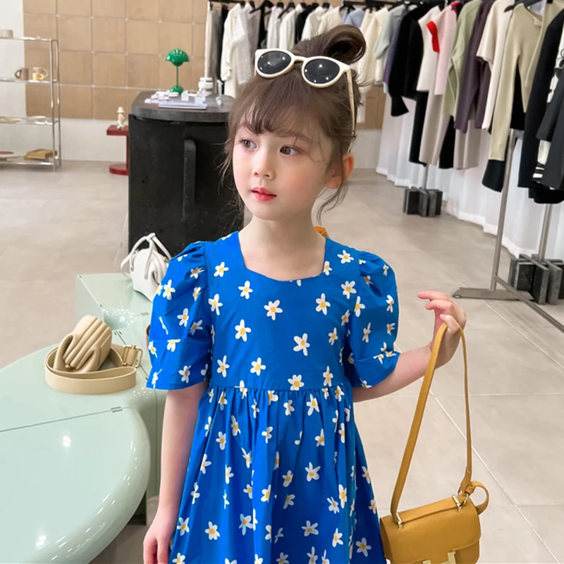 

Summer Blue Dresses for Girls Beach Cute Clothes Floral Print Ruffles A-line Mini Sundress Elegant Party Dress Vestidos 3-7Y