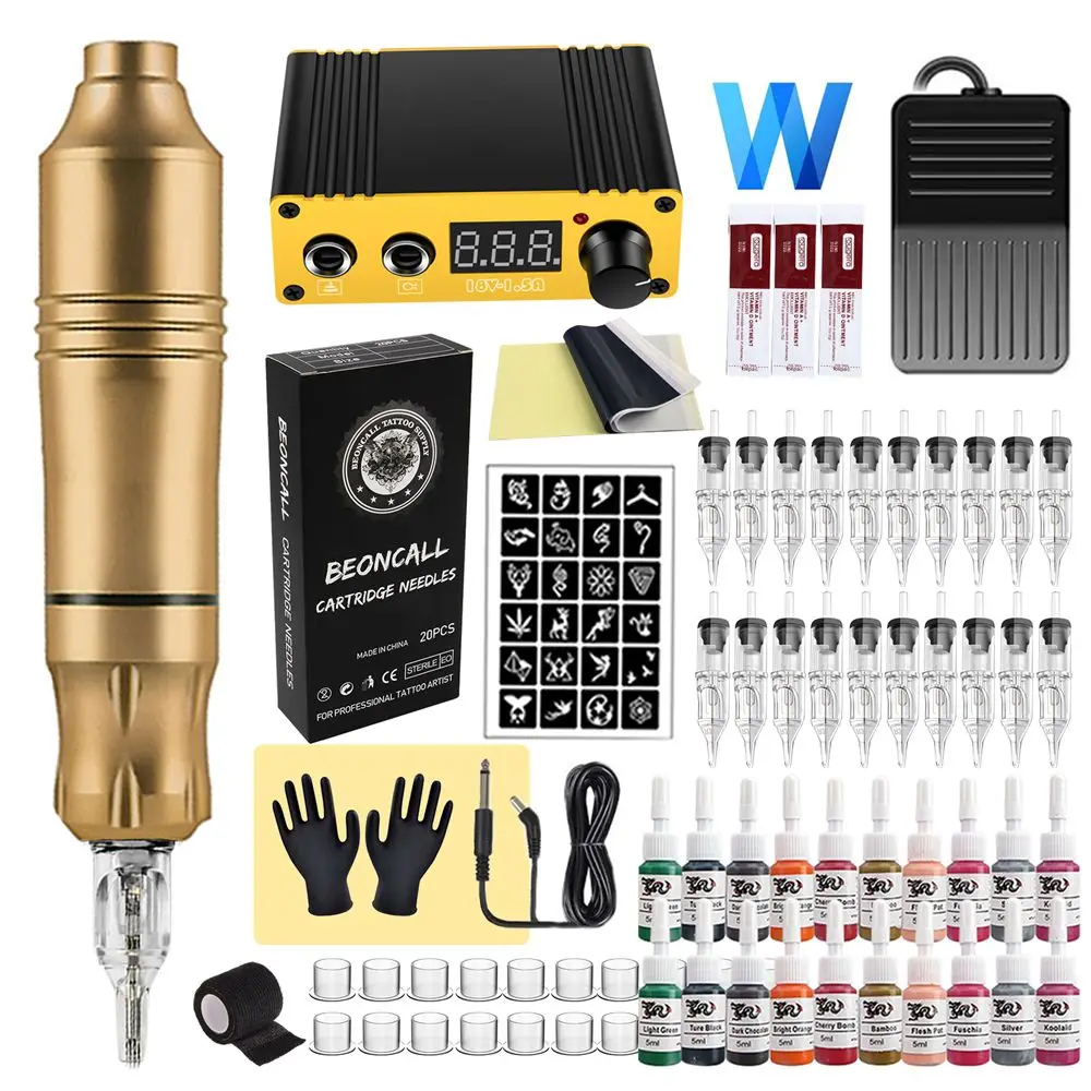 

Professional Tattoo Machine Pen Kit Tattoo Power Supply with 20PCS RL Cartridge Needles Machine Full Set for Body Art