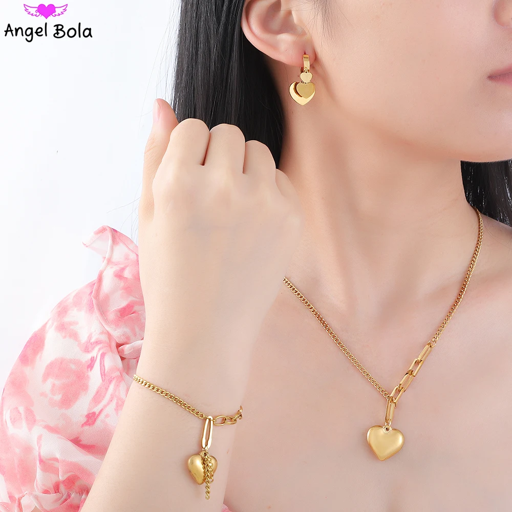 

Trendy Stainless Steel Jewelry Sets Women Heart Love Pendant Link Chain Splicing Necklace Bracelet Earrings Gold Plated Jewellry