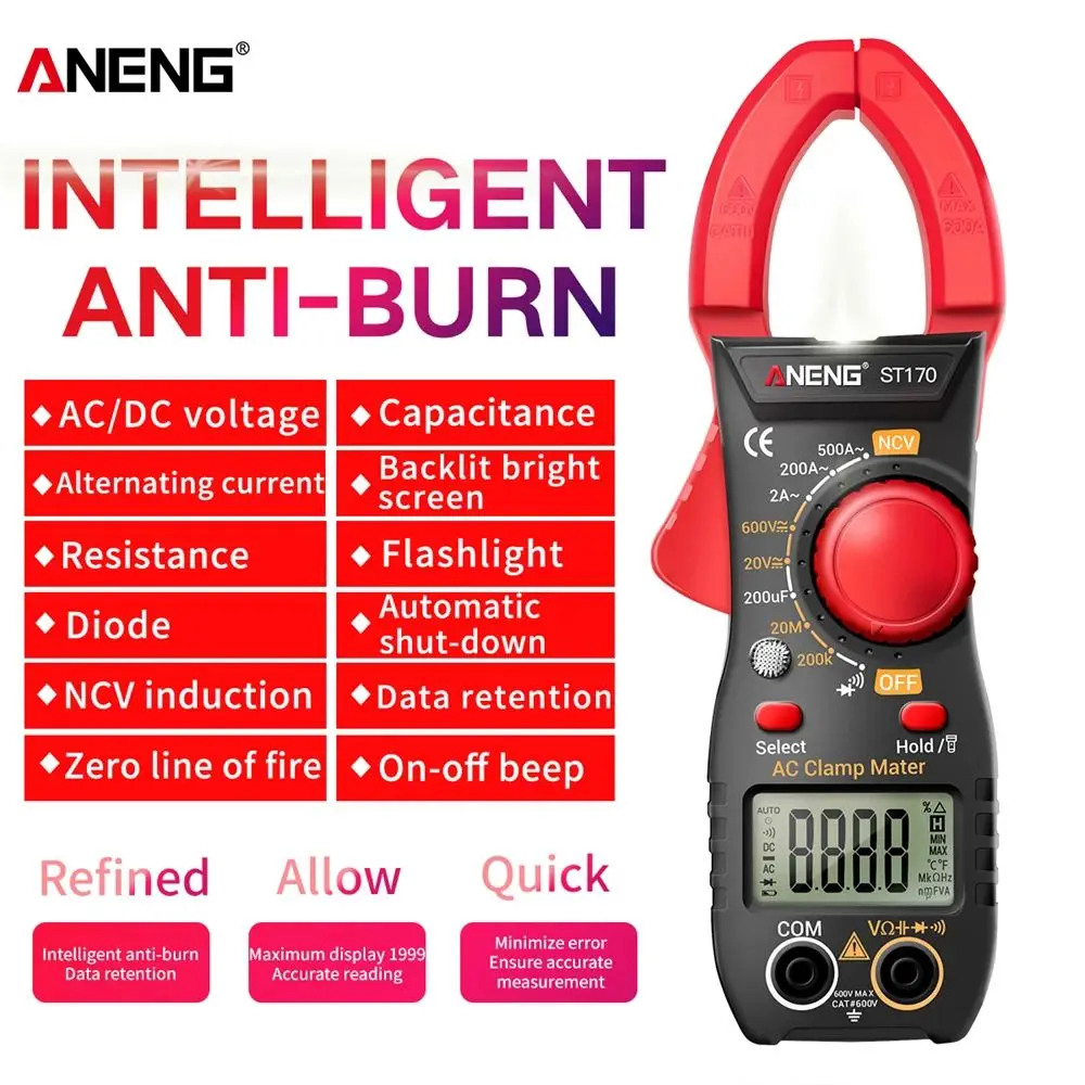 

ANENG ST170 Digital Clamp Meter 500A AC Current Multimeter 1999 Counts AC/DC Voltage Tester Hz Capacitance NCV Ohm Diode Test