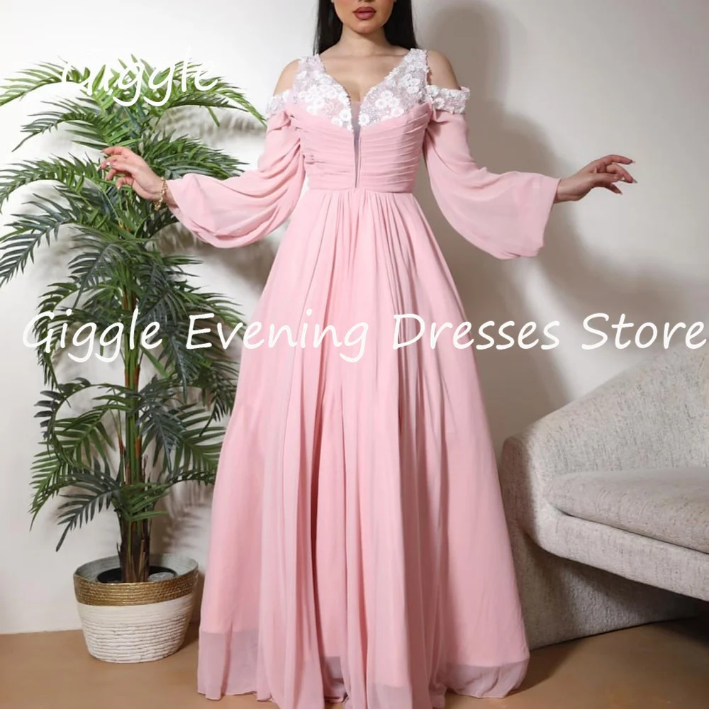 

Giggle Chiffon A-line V-neck Appliques Formal Elegant Prom Gown Floor Length luxury Evening Pretty Party Dresses for Women 2023